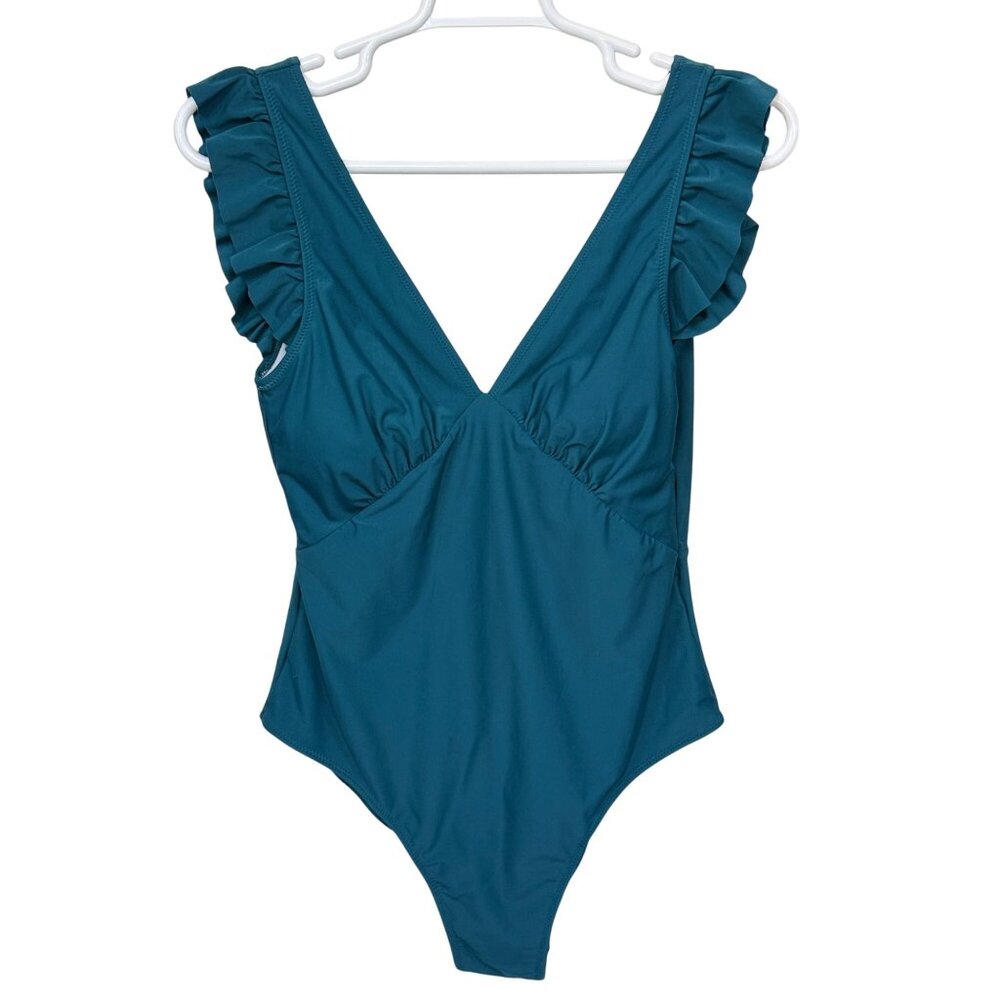 Cupshe Womens One-Piece Swimsuit XXL Teal Ruffle Chinlon Spandex V-Neck